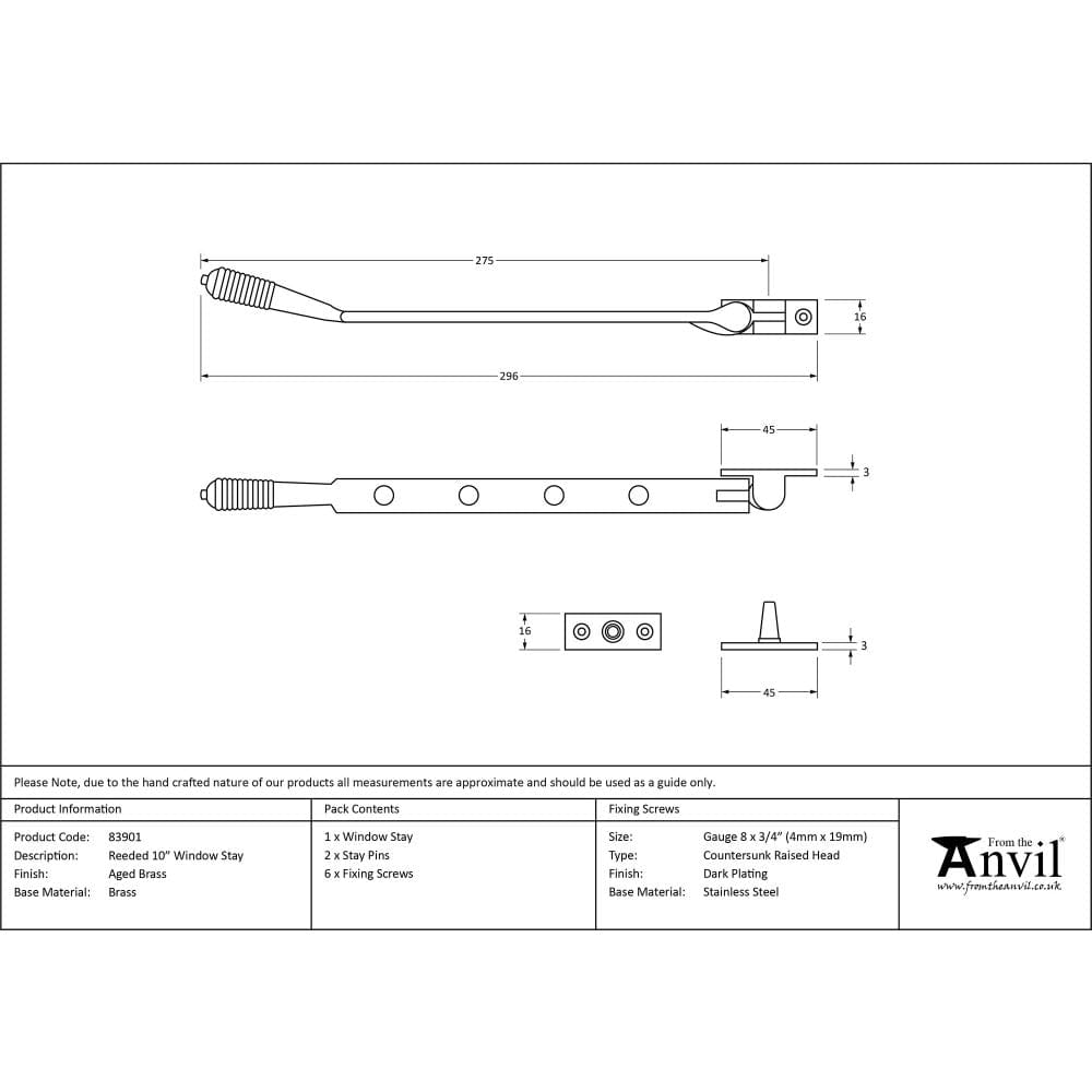 From The Anvil Window Furniture Aged Brass / 10"/250mm From The Anvil - Aged Brass 10" Reeded Stay