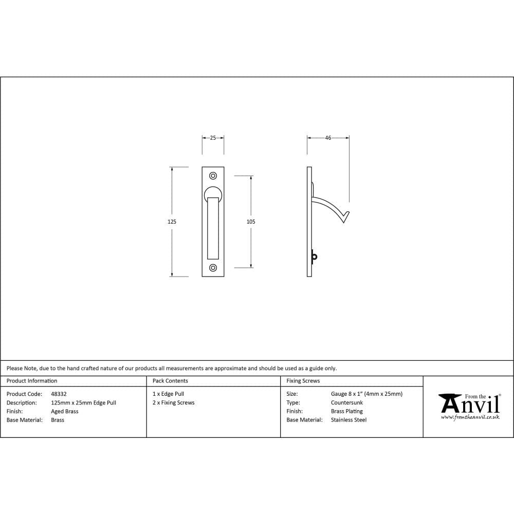 From The Anvil Door Furniture Aged Brass / Door Edge Pull / Rectangular From The Anvil - Aged Brass 125mm x 25mm Edge Pull