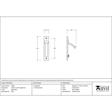 From The Anvil Door Furniture Aged Brass / Door Edge Pull / Rectangular From The Anvil - Aged Brass 125mm x 25mm Edge Pull