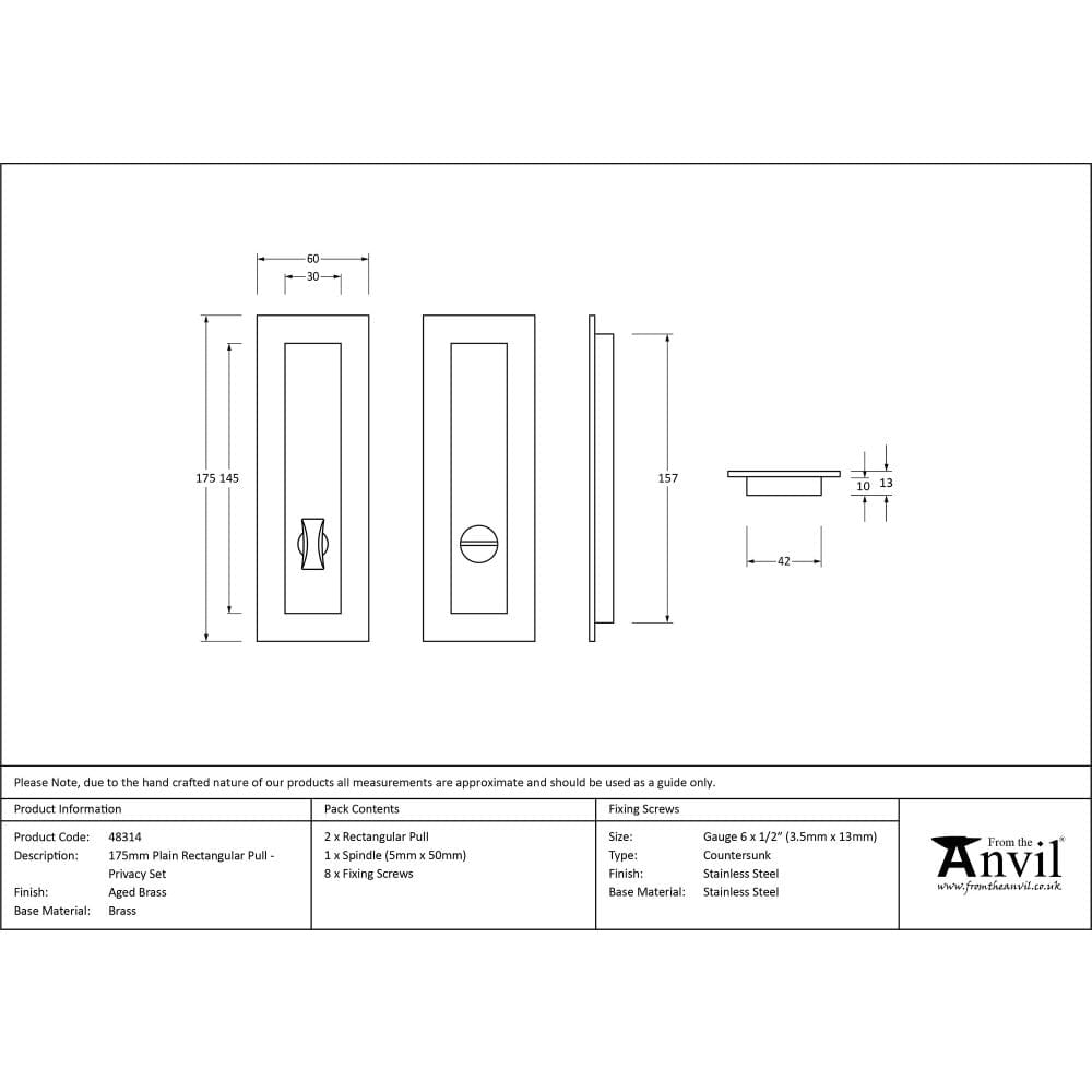 From The Anvil Door Furniture Aged Brass / Rectangular Flush Pull (Privacy) / Rectangular From The Anvil - Aged Brass 175mm Plain Rectangular Pull - Privacy Set