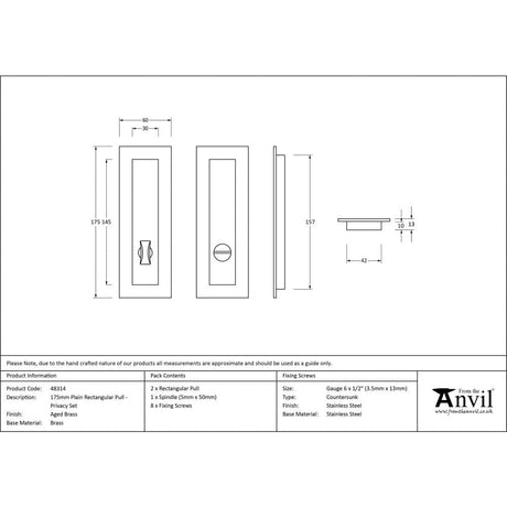 From The Anvil Door Furniture Aged Brass / Rectangular Flush Pull (Privacy) / Rectangular From The Anvil - Aged Brass 175mm Plain Rectangular Pull - Privacy Set