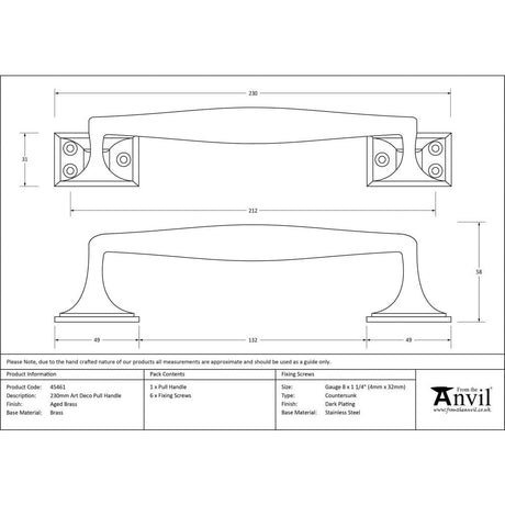 From The Anvil Door Furniture Aged Brass / Pull Handles (Face Fix) From The Anvil - Aged Brass 230mm Art Deco Pull Handle