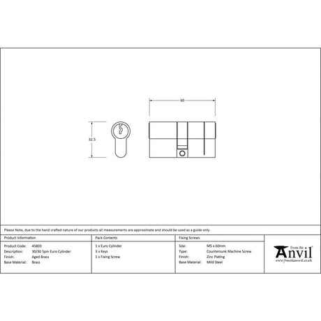 From The Anvil Locks & Latches Aged Brass / Euro Double Cylinders / 30 x 30mm From The Anvil - Aged Brass 30/30 5pin Euro Cylinder