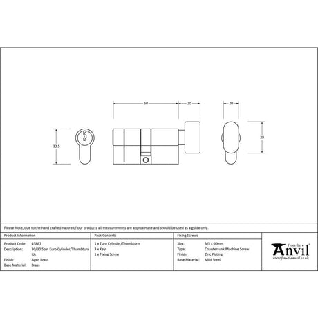 From The Anvil Locks & Latches Aged Brass / Euro Cylinder & Turn / 30 x 30mm From The Anvil - Aged Brass 30/30 5pin Euro Cylinder/Thumbturn KA
