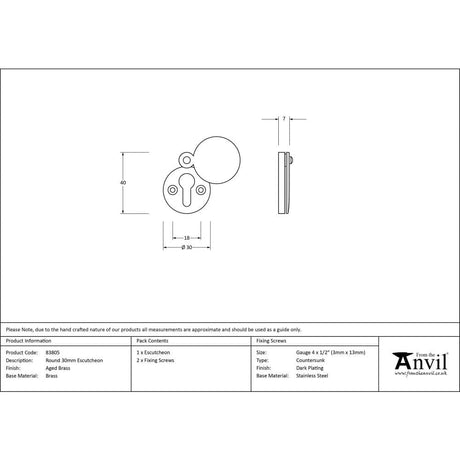 From The Anvil Door Furniture Aged Brass / Mortice Key Profile Escutcheons From The Anvil - Aged Brass 30mm Round Escutcheon