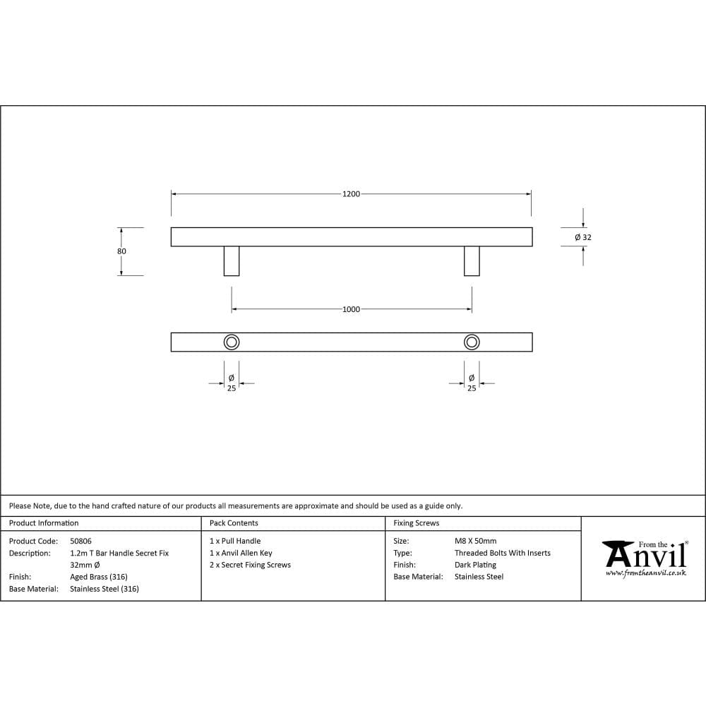 From The Anvil Door Furniture Aged Brass From The Anvil - Aged Brass (316) 1.2m T Bar Handle Secret Fix 32mm