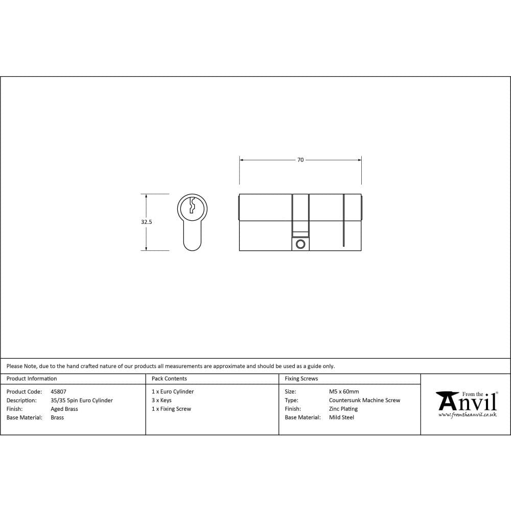From The Anvil Locks & Latches Aged Brass / Euro Double Cylinders / 35 x 35mm From The Anvil - Aged Brass 35/35 5pin Euro Cylinder