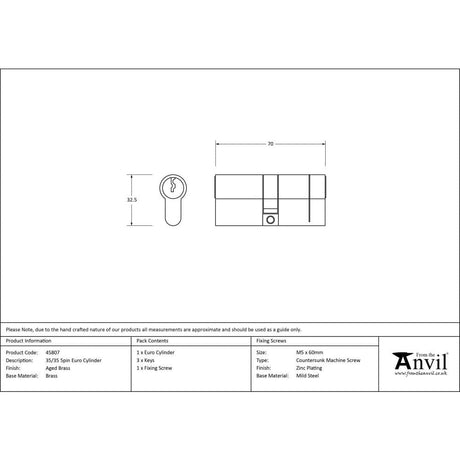 From The Anvil Locks & Latches Aged Brass / Euro Double Cylinders / 35 x 35mm From The Anvil - Aged Brass 35/35 5pin Euro Cylinder