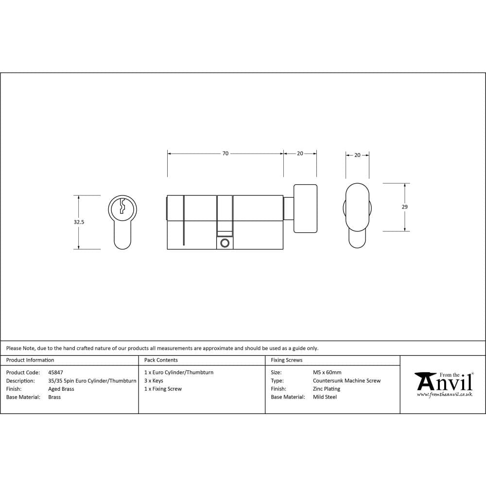 From The Anvil Locks & Latches Aged Brass / Euro Cylinder & Turn / 35 x 35mm From The Anvil - Aged Brass 35/35 5pin Euro Cylinder/Thumbturn