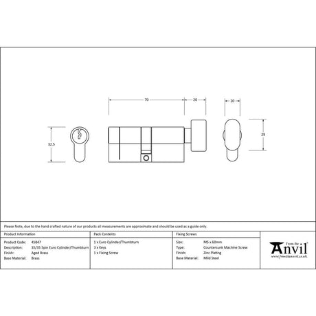 From The Anvil Locks & Latches Aged Brass / Euro Cylinder & Turn / 35 x 35mm From The Anvil - Aged Brass 35/35 5pin Euro Cylinder/Thumbturn