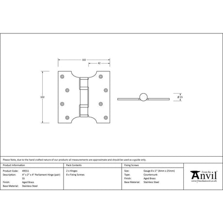 From The Anvil Hinges Aged Brass / Parliament Hinges / 4" x (102mm) From The Anvil - Aged Brass 4" x 2" x 4" Parliament Hinge (pair) ss