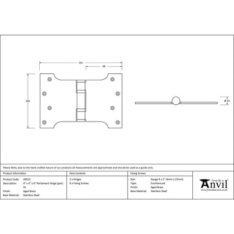 From The Anvil Hinges Aged Brass / Parliament Hinges / 4" x (102mm) From The Anvil - Aged Brass 4" x 4" x 6" Parliament Hinge (pair) ss