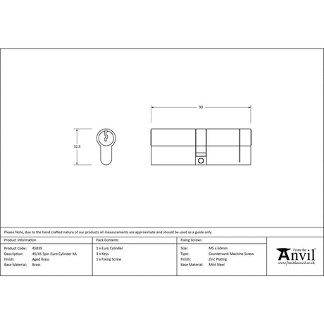 From The Anvil Locks & Latches Aged Brass / Euro Double Cylinders / 45 x 45mm From The Anvil - Aged Brass 45/45 5pin Euro Cylinder KA