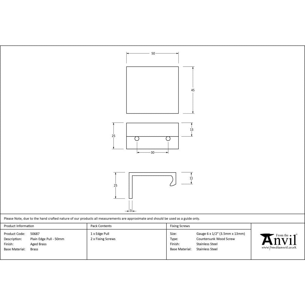 From The Anvil Cabinet Hardware Aged Brass / Edge Pull / 50mm From The Anvil - Aged Brass 50mm Plain Edge Pull