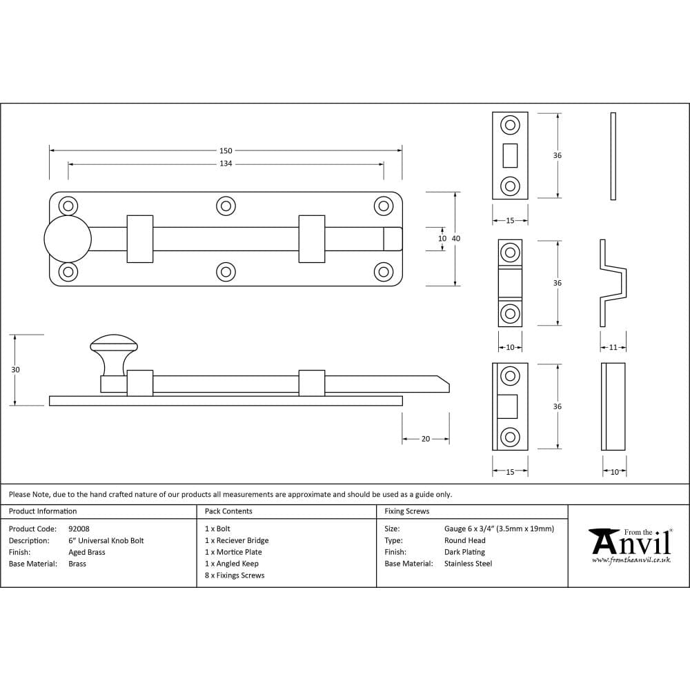 From The Anvil Accessories Aged Brass / Straight Surface Bolts / 150mm / 6" From The Anvil - Aged Brass 6" Universal Bolt