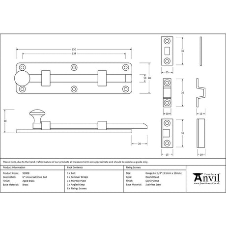 From The Anvil Accessories Aged Brass / Straight Surface Bolts / 150mm / 6" From The Anvil - Aged Brass 6" Universal Bolt