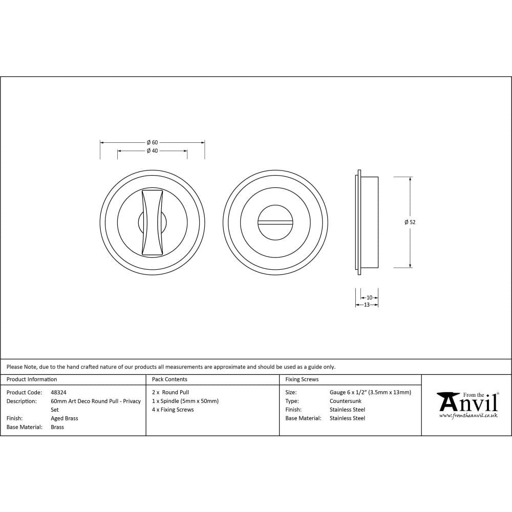 From The Anvil Door Furniture Aged Brass / Round Flush Pull (Privacy) / Round From The Anvil - Aged Brass 60mm Art Deco Round Pull - Privacy Set