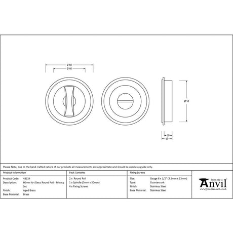 From The Anvil Door Furniture Aged Brass / Round Flush Pull (Privacy) / Round From The Anvil - Aged Brass 60mm Art Deco Round Pull - Privacy Set