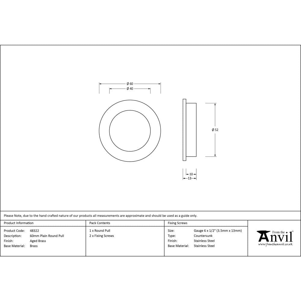 From The Anvil Door Furniture Aged Brass / Flush Handle / Round From The Anvil - Aged Brass 60mm Plain Round Pull