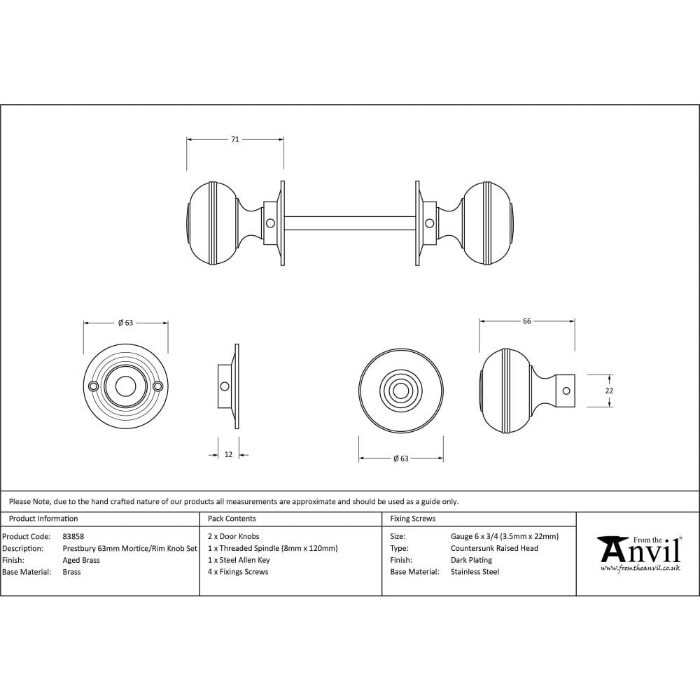 From The Anvil Door Furniture Aged Brass / Mortice/Rim Knobs From The Anvil - Aged Brass 63mm Prestbury Mortice/Rim Knob Set