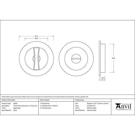 From The Anvil Door Furniture Aged Brass / Round Flush Pull (Privacy) / Round From The Anvil - Aged Brass 75mm Plain Round Pull - Privacy Set