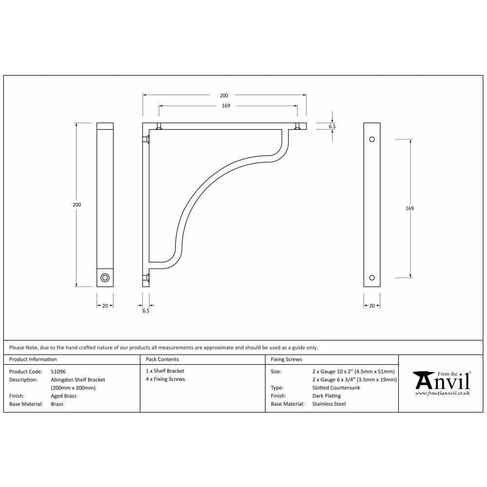 From The Anvil Accessories Aged Brass / Shelf Brackets / 200 x 200mm From The Anvil - Aged Brass Abingdon Shelf Bracket (200mm x 200mm)