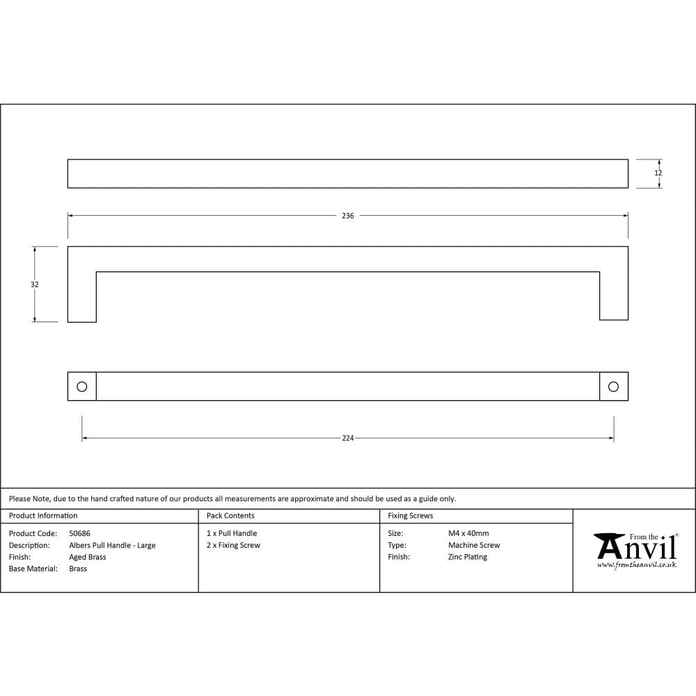 From The Anvil Cabinet Hardware Aged Brass / Cabinet Pull Handles / Large From The Anvil - Aged Brass Albers Pull Handle - Large