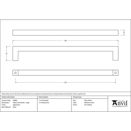 From The Anvil Cabinet Hardware Aged Brass / Cabinet Pull Handles / Large From The Anvil - Aged Brass Albers Pull Handle - Large
