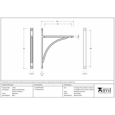 From The Anvil Accessories Aged Brass / Shelf Brackets / 314 x 250mm From The Anvil - Aged Brass Apperley Shelf Bracket (314mm x 250mm)