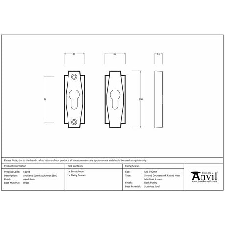 From The Anvil Door Furniture Aged Brass / Euro Profile Escutcheons From The Anvil - Aged Brass Art Deco Euro Escutcheon
