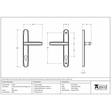 From The Anvil Door Furniture Aged Brass / Multi Point Lock Set / 92mm c/c From The Anvil - Aged Brass Art Deco Slimline Lever Espag. Lock Set