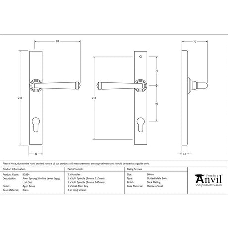 From The Anvil Door Furniture Aged Brass / Multi Point Lock Set / 92mm c/c From The Anvil - Aged Brass Avon Slimline Lever Espag. Lock Set
