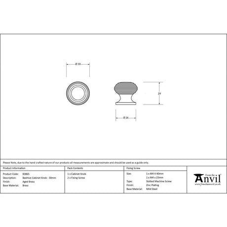 From The Anvil Cabinet Hardware Aged Brass / Cabinet Knobs / 30mm Dia. From The Anvil - Aged Brass Beehive Cabinet Knob 30mm