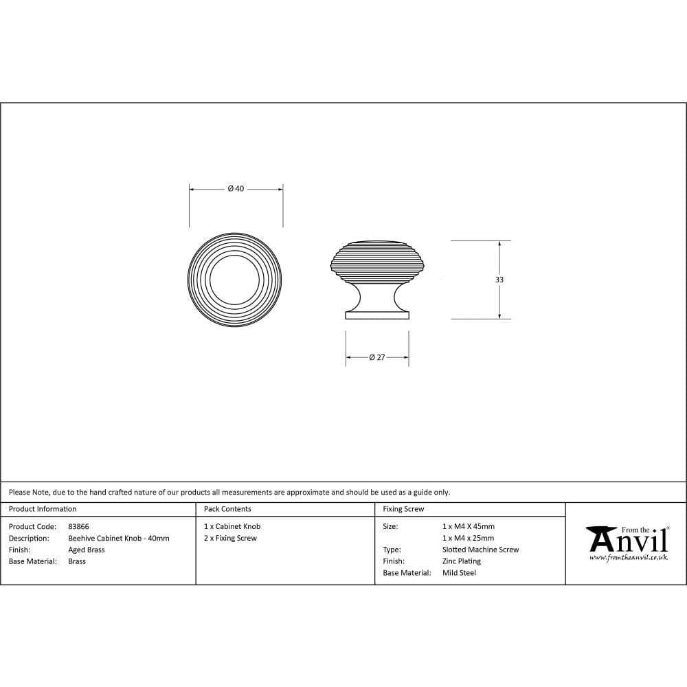 From The Anvil Cabinet Hardware Aged Brass / Cabinet Knobs / 40mm Dia. From The Anvil - Aged Brass Beehive Cabinet Knob 40mm