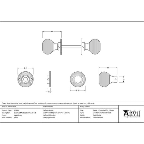 From The Anvil Door Furniture Aged Brass / Mortice/Rim Knobs From The Anvil - Aged Brass Beehive Mortice/Rim Knob Set