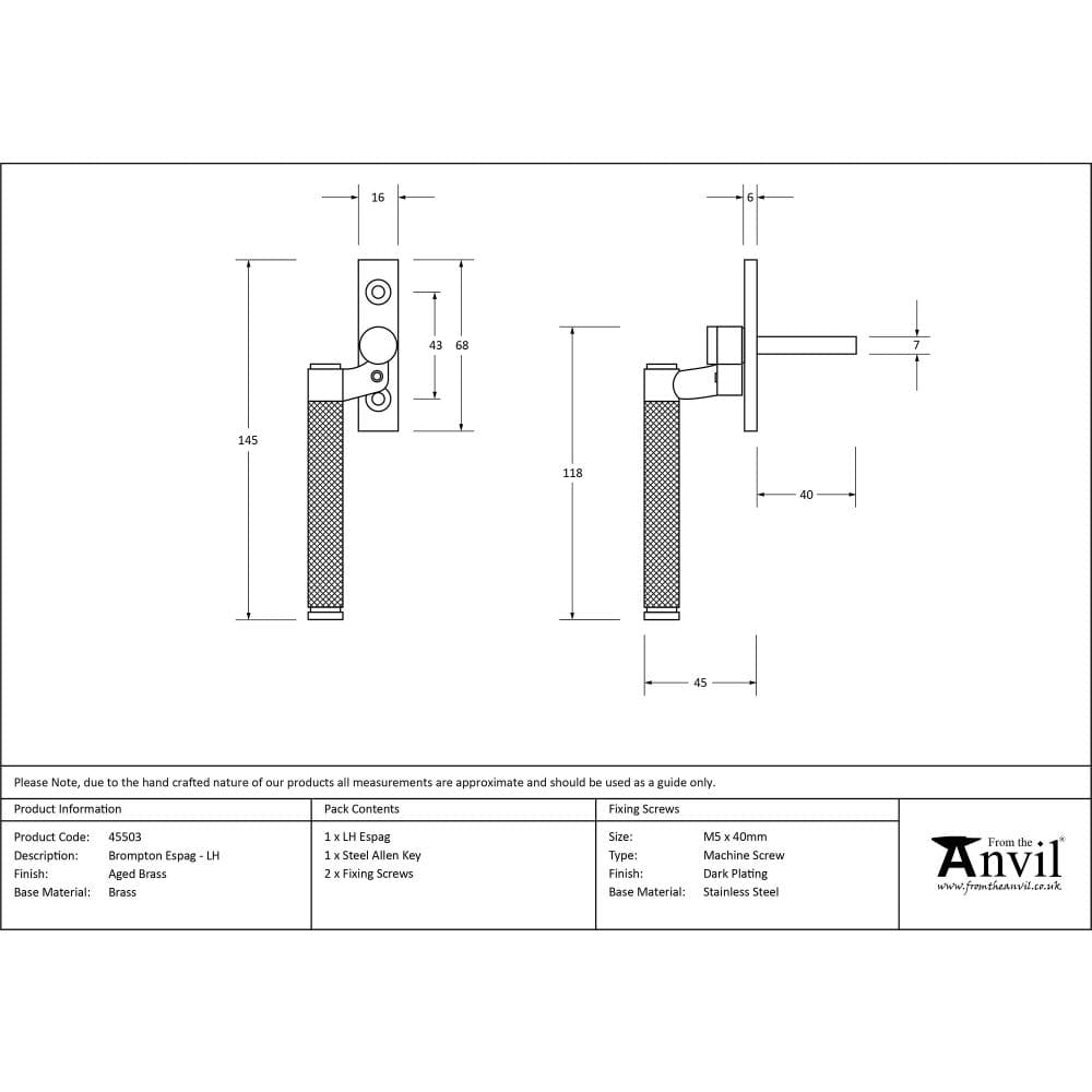 From The Anvil Window Furniture Aged Brass / Left Hand / Yes From The Anvil - Aged Brass Brompton Espag - LH