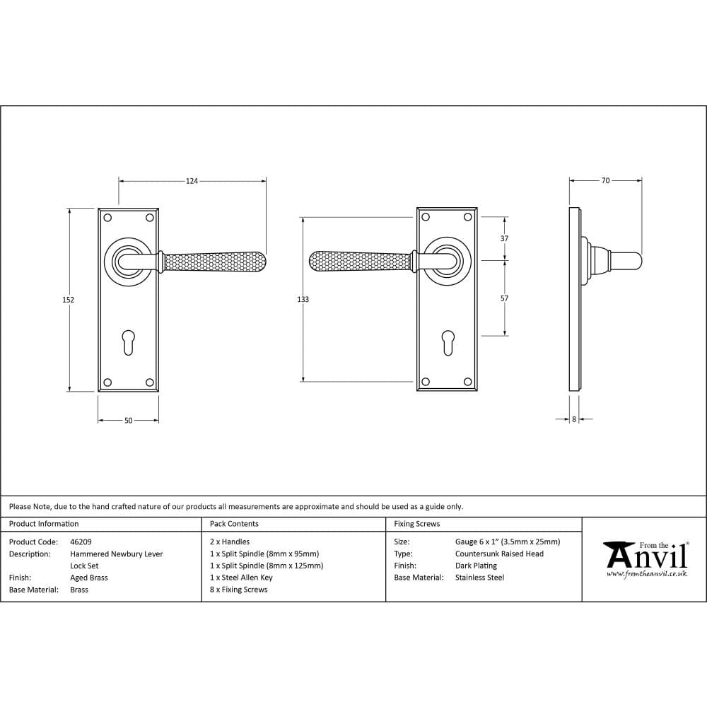 From The Anvil Door Furniture Aged Brass / Std. Lock Handles From The Anvil - Aged Brass Hammered Newbury Lever Lock Set