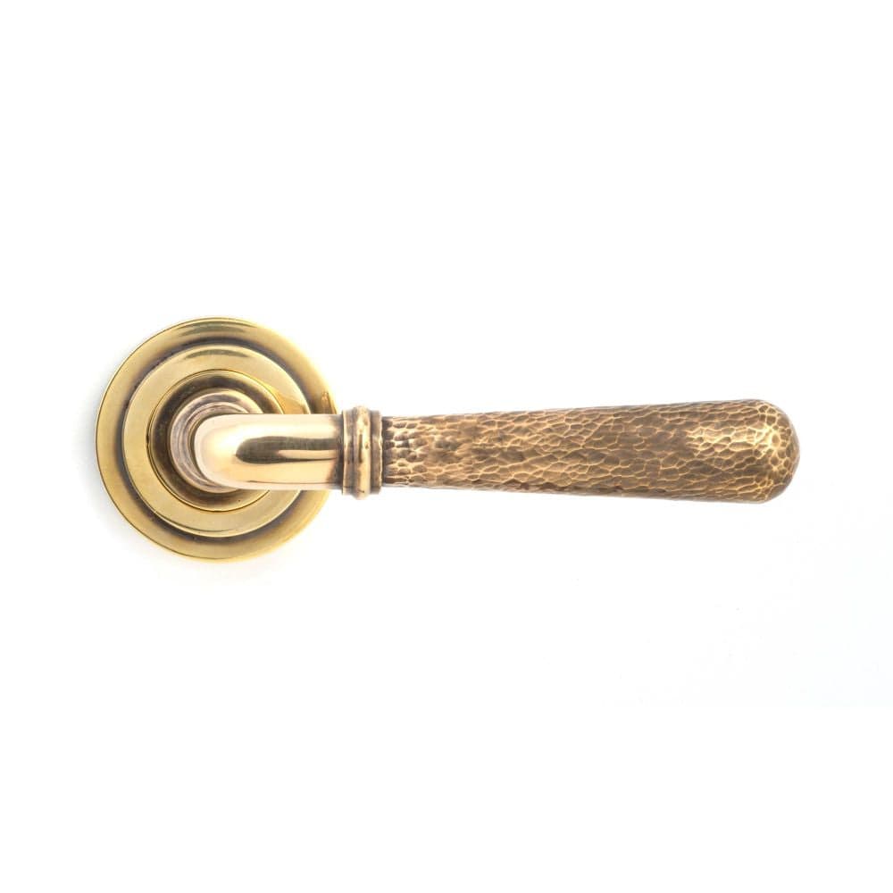 From The Anvil Door Furniture Aged Brass / Round Rose From The Anvil - Aged Brass Hammered Newbury Lever on Rose Set (Art Deco)