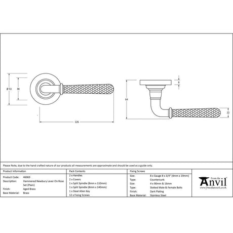 From The Anvil Door Furniture Aged Brass / Round Rose From The Anvil - Aged Brass Hammered Newbury Lever on Rose Set (Plain)