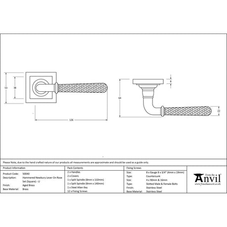 From The Anvil Door Furniture Aged Brass / Square Rose From The Anvil - Aged Brass Hammered Newbury Lever on Rose Set (Square) - Unsprung