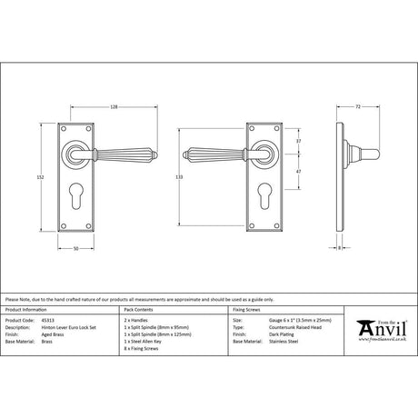 From The Anvil Door Furniture Aged Brass / Euro Profile Lock Handles From The Anvil - Aged Brass Hinton Lever Euro Lock Set