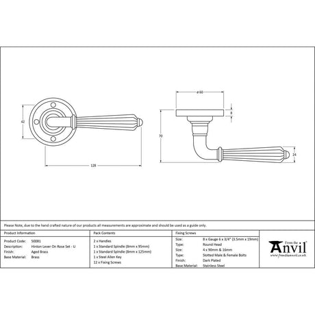 From The Anvil Door Furniture Aged Brass / Round Rose From The Anvil - Aged Brass Hinton Lever on Rose Set - Unsprung