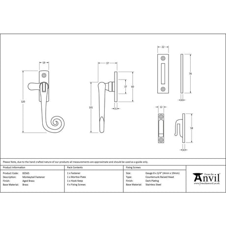From The Anvil Window Furniture Aged Brass / No / Mortice & Hook Place From The Anvil - Aged Brass Monkeytail Fastener
