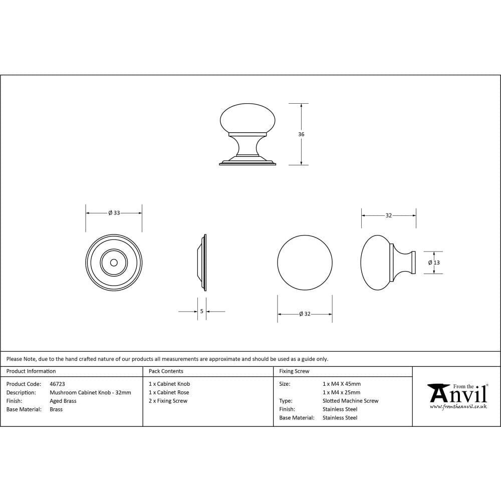 From The Anvil Cabinet Hardware Aged Brass / Cabinet Knobs / 32mm Dia. From The Anvil - Aged Brass Mushroom Cabinet Knob 32mm