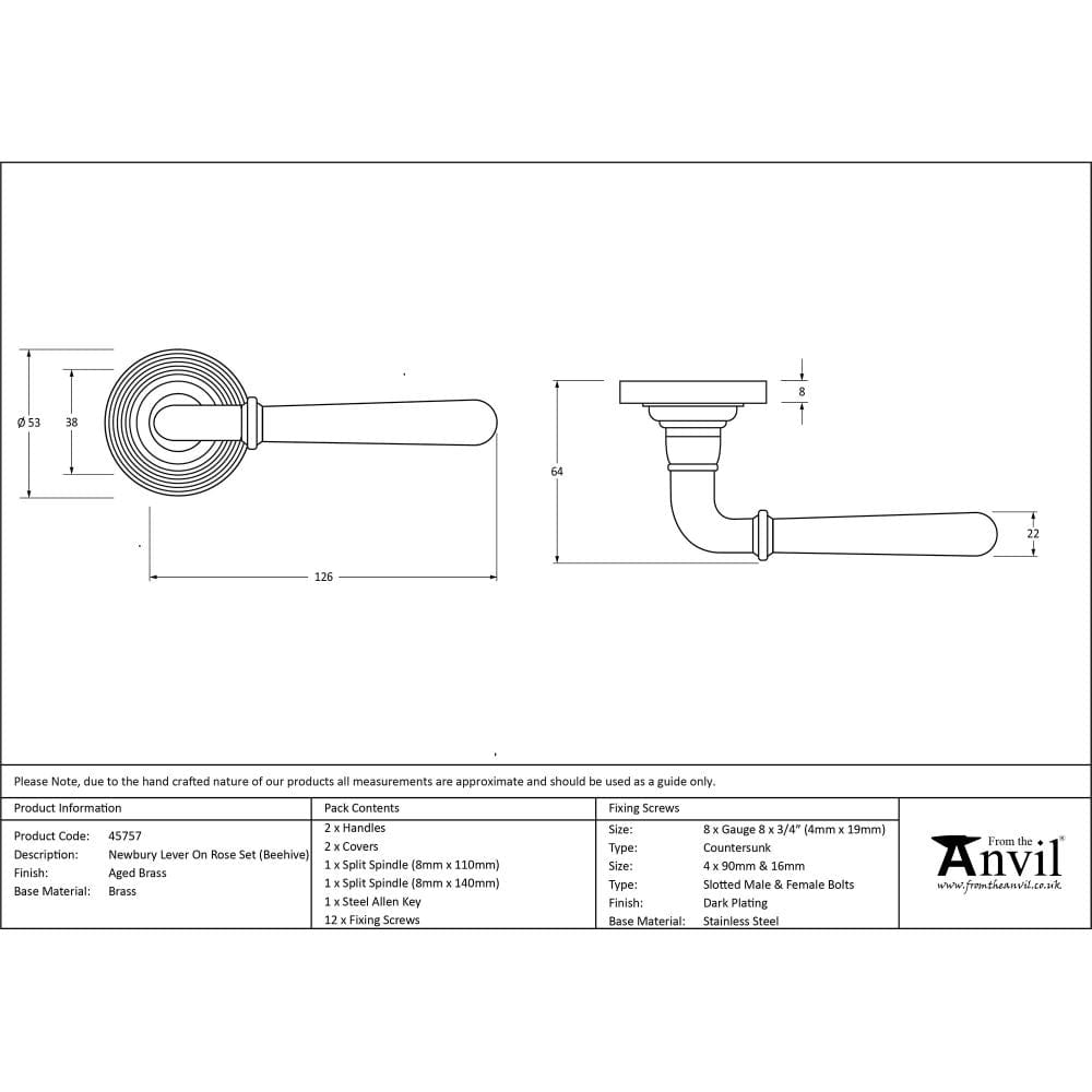 From The Anvil Door Furniture Aged Brass / Round Rose From The Anvil - Aged Brass Newbury Lever on Rose Set (Beehive)