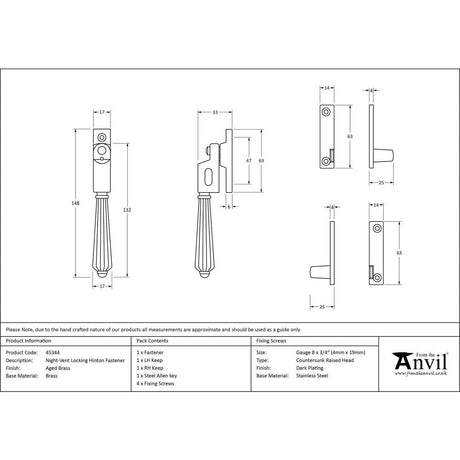 From The Anvil Window Furniture Aged Brass / Yes / Night Vent From The Anvil - Aged Brass Night-Vent Locking Hinton Fastener
