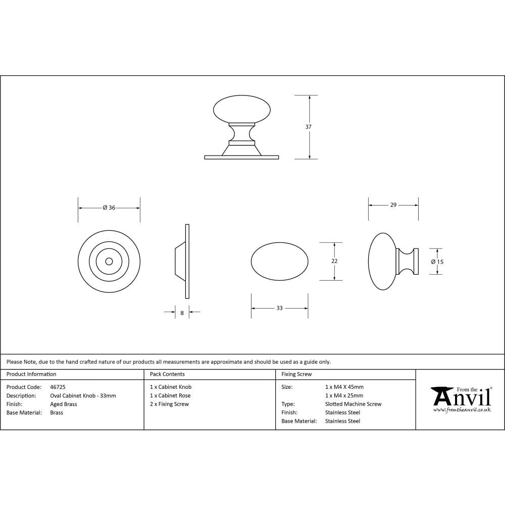 From The Anvil Cabinet Hardware Aged Brass / Cabinet Knobs / 33mm Dia. From The Anvil - Aged Brass Oval Cabinet Knob 33mm