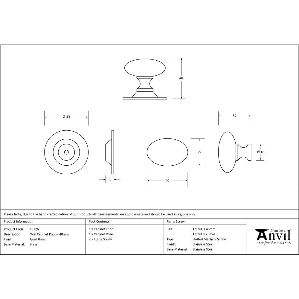 From The Anvil Cabinet Hardware Aged Brass / Cabinet Knobs / 40mm Dia. From The Anvil - Aged Brass Oval Cabinet Knob 40mm
