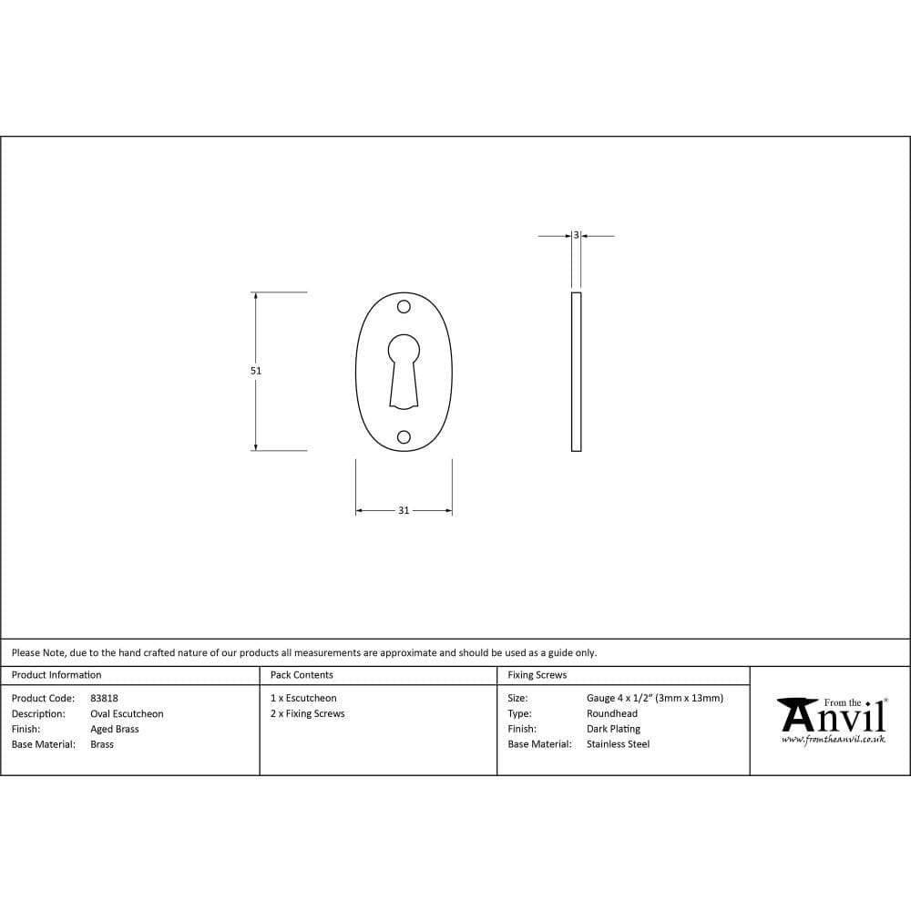 From The Anvil Door Furniture Aged Brass / Mortice Key Profile Escutcheons From The Anvil - Aged Brass Oval Escutcheon