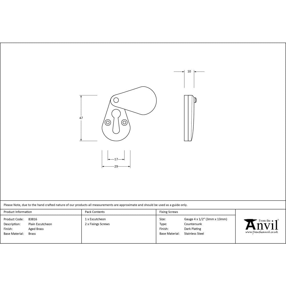 From The Anvil Door Furniture Aged Brass / Mortice Key Profile Escutcheons From The Anvil - Aged Brass Plain Escutcheon